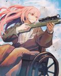  1girl arknights bangs blanket blue_sky brown_jacket closed_mouth day detached_wings energy_wings floating_hair gun halo highres holding holding_gun holding_weapon jacket lemuen_(arknights) long_hair long_sleeves looking_to_the_side open_clothes open_jacket outdoors peppsi_(saba_sabasuk0) pink_hair red_eyes rifle shirt sitting sky smile sniper_rifle solo striped striped_shirt vertical-striped_shirt vertical_stripes weapon wheelchair wind wings 