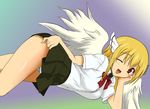  astraea bad_id bad_pixiv_id blonde_hair blush highres long_hair lying on_side one_eye_closed open_mouth panties red_eyes school_uniform skirt solo sora_no_otoshimono striped striped_panties underwear 