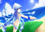  animal_hat ass back beach blue_eyes blue_hair blush bracelet breasts cloud day from_behind fujimoto_akio grass hat ikamusume jewelry lens_flare long_hair looking_back nude ocean outdoors outstretched_arms shinryaku!_ikamusume sideboob sky small_breasts solo spread_arms standing sun tentacle_hair tentacles very_long_hair water wind 