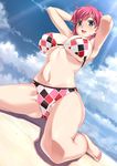  :d absurdres armpits arms_behind_head barefoot beach bikini breasts checkered checkered_bikini cloud day dutch_angle green_eyes happoubi_jin highres huge_breasts iihara_nao navel open_mouth outdoors red_hair resort_boin scan short_hair sitting smile solo sunlight swimsuit underboob wariza 