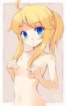  ahoge blonde_hair blue_eyes covering covering_nipples curly_hair esia_mariveninne hands komone_ushio looking_at_viewer navel nude original out-of-frame_censoring ponytail solo upper_body 