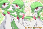  ass breasts character_name cleavage crossed_arms curtsey gardevoir gen_3_pokemon green_hair hair_over_one_eye medium_breasts multiple_persona no_humans open_mouth oversized_forearms oversized_limbs pokemoa pokemon pokemon_(creature) red_eyes smile white_skin 
