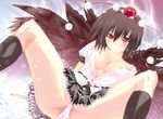  auauun bare_shoulders blush breasts breasts_apart brown_hair hat large_breasts looking_at_viewer nipples no_bra off_shoulder panties polka_dot polka_dot_panties red_eyes shameimaru_aya short_hair skirt smile solo spread_legs tokin_hat touhou unbuttoned underwear wings 