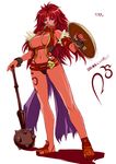  armor bikini breasts center_opening cleavage female full_body headband leather_armor long_hair mace monchuchu purple_eyes queen&#039;s_blade queen's_blade red_hair risty shadow shield smile solo standing swimsuit weapon white_background 