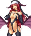  bat_wings black_gloves choker copyright_request cowboy_shot cross demon_girl elbow_gloves fangs gloves habit horns kuroitsuki long_hair nun simple_background solo thighhighs tongue tongue_out white_background wings 