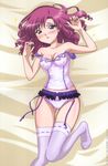  b-gata_h-kei bed_sheet blush breasts cleavage garter_belt highres kanejou_kyouka long_hair long_legs lying medium_breasts non-web_source on_back panties purple_eyes purple_hair solo thighhighs underwear white_legwear yahiro_yuuko 