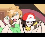  baseball_cap black_hair brown_hair crossover genderswap green_(pokemon) green_eyes hat ookido_green panty_&amp;_stocking_with_garterbelt parody pikachu pokemon red_(pokemon) red_eyes style_parody 