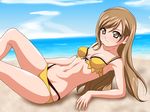  beach bikini brown_eyes brown_hair day inferno_(nanbu14) long_hair lying navel on_back shining_(series) shining_wind solo swimsuit touka_kureha 