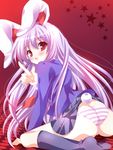  animal_ears ass bad_id bad_pixiv_id blush bunny_ears bunny_tail hands long_hair looking_at_viewer looking_back panties pink_hair pointing red_eyes reisen_udongein_inaba satomi_hinako solo striped striped_panties tail touhou underwear 