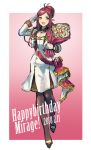  1girl 2018 :d bangs black_legwear bouquet bow breasts character_name choker cleavage detached_sleeves dress flower full_body gloves green_eyes happy_birthday highres holding holding_bouquet long_hair looking_at_viewer macross macross_delta medium_breasts mirage_farina_jenius open_mouth pantyhose parted_bangs pointy_ears ponytail red_bow red_hair rose salute shimatani_azu shiny shiny_hair short_dress sketch smile solo standing white_dress white_flower white_gloves white_rose 