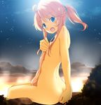  :o ass blue_eyes colored_eyelashes covering covering_ass esia_mariveninne komone_ushio looking_back moon night night_sky nude onsen open_mouth original ponytail sitting sky solo 