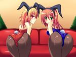  2girls animal_ears ass bent_over blonde_hair blush blushing bunny_ears bunny_suit bunny_tail bunnysuit cameltoe green_eyes legwear multiple_girls orange_hair pantyhose profile purple_eyes shiny stockings tail thighhighs twintails 