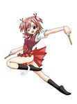  ass black_legwear black_socks gymnast gymnastics mahou_sensei_negima mahou_sensei_negima! panties panties_around_leg panties_around_one_leg pink_hair ribbon sasaki_makie short_twintails skirt twintails underwear white_panties wink 