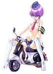  armband bikini_top blue_eyes boots copyright_request fang flat_chest ground_vehicle hat high_heels highres midriff motor_vehicle navel necktie open_fly purple_hair scooter shoes short_hair spread_legs swimsuit thigh_boots thighhighs three-wheeler unzipped usatsuka_eiji 