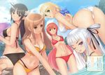  absurdres ass bikini bow breasts clalaclan_philias cleavage hair_bow head_wings highres houmei innertube layered_bikini long_hair looking_back low-tied_long_hair medium_breasts multiple_girls one_eye_closed pointy_ears seena_kanon shining_(series) shining_wind sitting swimsuit tanaka_takayuki touka_kureha underboob xecty_ein 