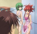  1boy 2girls apron brown_eyes cap green_eyes green_hair hadaka_apron highres ichiban_ushiro_no_daimaou korone multiple_girls naked_apron nude_apron red_hair screencap soga_keena stitched 