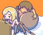  1girl akai_(artist) akai_(ugokashitari) aliasing animated animated_gif artist_request bangs blonde_hair brown_hair gif hetero insect_girl lowres male male_focus monster_girl nude pixel_art sex short_hair simple_background spider_girl straight 