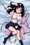  b-gata_h-kei bed_sheet blush bra breasts brown_hair cleavage cream glasses highres large_breasts lingerie long_hair long_legs lying mixing_bowl miyano_mayu non-web_source on_back purple_eyes school_uniform sleeves_rolled_up socks solo underwear undressing whisk yahiro_yuuko 