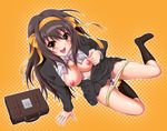  alternate_costume alternate_hairstyle arm_support black_legwear blush bow bow_panties bowtie breasts brown_eyes brown_hair hair_bow hair_ribbon harukaze_soyogu kouyouen_academy_uniform large_breasts legs long_hair open_mouth panties plaid pubic_hair pussy ribbon school_uniform socks solo suzumiya_haruhi suzumiya_haruhi_no_shoushitsu suzumiya_haruhi_no_yuuutsu underwear 