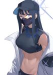  1girl armband bangs bare_shoulders baseball_cap belt black_belt black_hair black_headwear black_mask black_pants black_shirt blue_archive blue_eyes blunt_bangs breasts chest_harness coat commentary_request covered_mouth cowboy_shot crop_top fuji_nyaga groin halo harness hat highres long_hair looking_at_viewer mask medium_breasts midriff mouth_mask navel off_shoulder pants saori_(blue_archive) shirt simple_background sleeveless sleeveless_shirt solo standing underbust white_background white_coat 