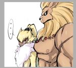  abs anthro bandai_namco digimon digimon_(species) digimon_ghost_game duo felid fluffy_chest fur girl_staring_at_man&#039;s_chest humor lagomorph leomon leporid lion long_ears male male/male mammal meme muscular muscular_anthro muscular_male nipples pantherine pecs ponytail_ears rabbit symbareangoramon yellow_body yellow_fur youzaiyouzai112 