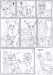  ?! anthro black_and_white blind bottomwear canid canine canis clothing coat comic dasyuromorph disintegrating door english_text exclamation_point female finger_on_mouth furniture group hand_on_shoulder hands_forward hiding kitfox-crimson lab_coat looking_aside male mammal marsupial monochrome motion_lines novus_(kitfox-crimson) onomatopoeia open_mouth pants pockets professor_virginia_burret pull_out rumour_(kitfox-krimson) screen secret_door shirt sign sketch sound_effects t-shirt table tank_top technology text thylacine topwear trio 