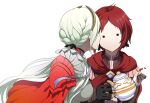  2girls edelgard_von_hresvelg fire_emblem fire_emblem:_three_houses fire_emblem_warriors:_three_hopes hair_ribbon highres holding holding_teapot kiss kissing_cheek monica_von_ochs multiple_girls nieto_tokage no_mouth red_hair ribbon side_ponytail simple_background teapot tiara upper_body white_hair yuri 