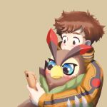  ambiguous_gender anthro bandai_namco beak blue_eyes blush brown_body brown_feathers brown_hair cellphone digimon digimon_(species) digimon_survive duo embrace falcomon falcomon_(survive) feathers hair hi_res hug human male male/ambiguous mammal minoru_hyuga mofumi_corvus phone simple_background smartphone 