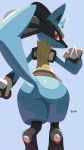  ambiguous_gender anthro ekcdayo generation_4_pokemon hi_res looking_at_viewer looking_back lucario nintendo pokemon pokemon_(species) rear_view red_eyes simple_background solo standing video_games 