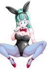  1girl animal_ears arm_support ass bare_shoulders black_leotard blue_eyes bow bowtie breasts bulma cleavage detached_collar dragon_ball dragon_ball_(classic) fake_animal_ears green_hair highleg highleg_leotard leotard pantyhose playboy_bunny rabbit_ears simple_background solo spread_legs white_background wrist_cuffs youngjijii 