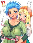  !? 2girls bare_shoulders blonde_hair blue_eyes blue_hair blush breast_grab camus_(dq11) collarbone dragon_quest dragon_quest_xi dress earrings emma_(dq11) genderswap genderswap_(mtf) grabbing head_scarf jewelry long_hair multiple_girls open_mouth short_hair short_sleeves spiked_hair sweat teba_motoko translation_request yuri 