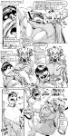  anthro baneroku big_breasts bottomless bovid breasts butt caprine clothed clothing comic dialogue english_text eyewear female glasses hi_res huge_breasts human human_on_anthro interspecies male male/female mammal monochrome tentacles text 