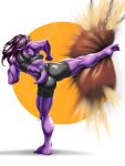  action_pose anthro bra breasts butt clothing deltarune dinosaur exercise female furgonomics hi_res kick muscular muscular_anthro muscular_female pose punching_bag purple_body purple_scales r62_art rear_view reptile scales scalie solo sports_bra susie_(deltarune) tight_clothing undertale_(series) underwear video_games workout 