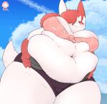 2022 anthro belly big_belly biped bottomwear breasts claws clothing cloudscape digital_media_(artwork) female fur generation_3_pokemon hair hi_res low-angle_view mammal markings navel nintendo obese obese_female overweight overweight_anthro overweight_female pokemon pokemon_(species) red_body red_fur red_hair simple_background sky smile thaasteo thick_thighs topwear video_games white_body white_fur wide_hips zangoose 