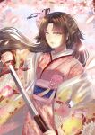  1girl absurdres bangs black_hair blue_eyes falling_petals fate/grand_order fate_(series) flower hair_flower hair_ornament highres holding holding_sword holding_weapon japanese_clothes kara_no_kyoukai katana kekentang kimono long_hair looking_at_viewer petals ryougi_shiki smile solo sword weapon 