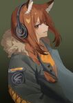  1girl absurdres animal_ears arknights braid brown_eyes brown_hair fur-trimmed_jacket fur_trim green_background grey_jacket headphones highres implied_extra_ears jacket jewelry kjerag_logo long_hair long_sleeves looking_at_viewer necklace one-hour_drawing_challenge orange_shirt parted_lips pearl_necklace ratatos_browntail_(arknights) reiya_(aisunokappu) shirt solo squirrel_ears squirrel_girl upper_body 