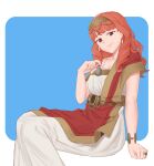  1girl bare_shoulders blue_background breasts celica_(fire_emblem) collarbone detached_sleeves dress earrings ebinku fire_emblem fire_emblem_echoes:_shadows_of_valentia highres jewelry long_dress long_hair looking_at_viewer medium_breasts necklace red_eyes red_hair ring simple_background single_detached_sleeve smile solo tiara white_dress 