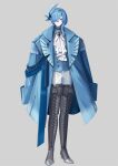  1other androgynous articuno asymmetrical_hair bangs black_gemstone blue_coat blue_feathers blue_gemstone blue_hair blue_jacket boots braid brooch buttons closed_mouth coat coat_on_shoulders colored_skin commentary_request crown_braid feather_hair_ornament feathers fold-over_boots frilled_shirt frills full_body gem grey_background grey_footwear hair_ornament hair_over_one_eye highres jacket jewelry looking_at_viewer medal medium_hair merlusa neck_ribbon one_eye_covered open_clothes open_coat other_focus pants personification pokemon red_eyes ribbon shiny shiny_hair shirt sidelocks simple_background solo standing thigh_boots white_pants white_ribbon white_shirt white_skin 