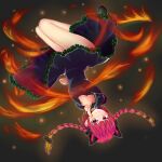  1girl absurdres animal_ears ass black_bow bow braid cat_ears dress fire flame hair_bow highres kaenbyou_rin kujira137 long_sleeves no_tail pointing pointing_at_viewer red_eyes red_hair solo touhou twin_braids upside-down 