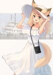  1girl :d animal_ear_fluff animal_ears arms_up bag bangs bare_shoulders batta_(kanzume_quality) blonde_hair blue_eyes blush collarbone commentary_request dress ears_through_headwear fangs fox_ears fox_girl fox_tail fox_wife_(batta_(kanzume_quality)) hand_on_headwear hat jewelry long_hair looking_at_viewer off-shoulder_dress off_shoulder original ring shoulder_bag smile solo_focus steamboat sun_hat tail teeth upper_teeth wedding_ring white_dress white_headwear 