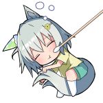  1girl animal_ears aqua_shorts between_legs chibi closed_eyes cotton_swab ear_covers grey_hair hair_ornament hairclip highres horse_ears horse_girl horse_tail mutugimio poking seiun_sky_(umamusume) shirt short_hair shorts simple_background single_ear_cover sleeping solo tail tail_between_legs umamusume white_background yellow_shirt 