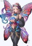  1girl adapted_costume alternate_costume artist_name bare_shoulders blush bouquet breasts butterfly_wings cleavage clothing_cutout conope crown_of_thorns detached_sleeves facial_mark fairy_wings fire_emblem fire_emblem_heroes forehead_mark grey_hair hair_vines holding holding_bouquet large_breasts looking_at_viewer navel navel_cutout paid_reward_available plant plumeria_(fire_emblem) pointy_ears red_eyes simple_background smile solo thorns vines wings 
