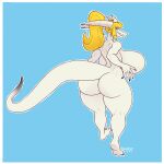  2022 anthro big_breasts big_butt blonde_hair blue_hair breasts bubble_butt butt claws digital_media_(artwork) dragon female hair hi_res horn huge_breasts huge_butt long_tail muscular muscular_female nude rear_view robotjoe scales scalie solo thick_tail thick_thighs white_body white_scales 