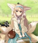  1girl animal animal_ear_fluff animal_ears arknights bag basket black_cat blue_hairband blue_skirt brown_jacket cat closed_mouth commentary crossover day english_commentary fox_ears fox_girl fox_tail frilled_hairband frills hairband heixiu high-waist_skirt highres hiruver holding holding_basket jacket kitsune light_brown_hair long_hair long_sleeves looking_at_viewer luoxiaohei multicolored_hair neck_ribbon on_head open_clothes open_jacket outdoors puffy_long_sleeves puffy_sleeves red_ribbon ribbon shirt shoulder_bag skirt smile suzuran_(arknights) suzuran_(spring_praise)_(arknights) tail the_legend_of_luo_xiaohei tree two-tone_hair very_long_hair white_hair white_shirt 