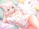  1girl :3 :d absurdres animal_ear_fluff animal_ears asmr bare_legs bed_sheet breasts cameltoe cat_ears cat_girl cat_tail cowboy_shot fang hands_up highres itsuki_jun light_blush looking_at_viewer lying nipples non-web_source on_back on_bed open_mouth original pajamas panties paw_pose pillow skin_fang small_breasts smile solo stuffed_animal stuffed_toy tail thighs twitter_username underwear white_hair white_pajamas white_panties 