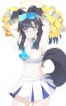  1girl alternate_costume animal_ears armpits arms_up blue_archive blush breasts cheerleader cleavage collar commentary_request dog_ears dog_tail embarrassed goggles goggles_on_head hibiki_(blue_archive) highres hoshino_ouka looking_at_viewer medium_breasts open_mouth pom_pom_(cheerleading) simple_background solo tail white_background 
