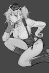  1girl atlanta_(kancolle) bangs blush boots breasts earrings garrison_cap garter_straps gloves greyscale hand_on_hip hat headgear high-waist_skirt highres jewelry kantai_collection knee_boots large_breasts long_hair looking_at_viewer monochrome one_knee parted_lips partially_fingerless_gloves shirt simple_background single_earring skirt solo star_(symbol) star_earrings suspender_skirt suspenders two_side_up uyama_hajime 