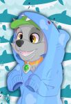  canid canine collar ereezart fangs feral male mammal mixed_breed nickelodeon paw_patrol rocky_(paw_patrol) shark_costume smile solo tongue 
