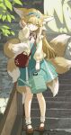  1girl absurdres animal_ear_fluff animal_ears arknights bangs blonde_hair blue_hairband blue_skirt brown_footwear closed_mouth commentary_request crossover fox_ears fox_girl fox_tail frilled_hairband frills green_eyes hair_between_eyes hairband heixiu high-waist_skirt highres holding jacket kitsune linnnp long_hair long_sleeves looking_at_viewer multicolored_hair neck_ribbon open_clothes open_jacket puffy_long_sleeves puffy_sleeves red_ribbon ribbon shirt shoes skirt smile socks stairs standing stone_stairs suzuran_(arknights) suzuran_(spring_praise)_(arknights) tail the_legend_of_luo_xiaohei two-tone_hair very_long_hair watering_can white_hair white_jacket white_shirt white_socks 