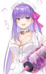  1girl bangs bb_(bb_shot!)_(fate) bb_(fate) blush breasts choker cleavage dress fate/grand_order fate_(series) glasses hair_ribbon hat holding holding_syringe large_breasts large_syringe long_hair looking_at_viewer nurse_cap open_mouth oversized_object pink_ribbon purple_eyes purple_hair ribbon short_sleeves smile solo syringe translation_request very_long_hair white_choker white_dress white_headwear yamamura_umi 